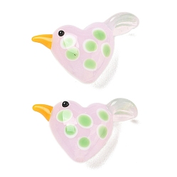 Pink Perles lampwork, perles au chalumeau, faits à la main, cœur avec oiseau et pois, rose, 16x27.5x10.5mm, Trou: 1.2mm