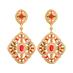 Разноцветный Серьги-гвоздики с подвесками из латуни с микропаве из кубических цирконий в форме овала и ромбов, золотые, красочный, 60x30 мм