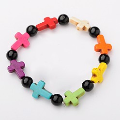 Mixed Stone Natural & Synthetic Mixed Stone Round Beads Stretch Bracelets, with Colorful Synthetic Howlite Cross Beads, 57mm