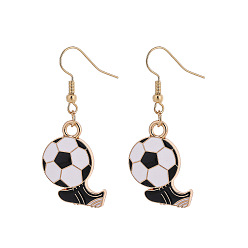 Black Alloy Enamel Football Dangle Earrings for Women, with Iron Findings, Golden, Black, 40mm