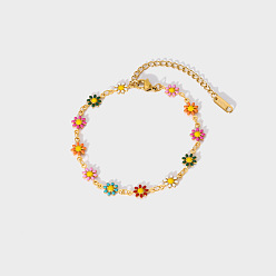 Разноцветный Модный 304 браслет из нержавеющей стали с эмалированными звеньями в виде ромашек для женщин, реальный 18 k позолоченный, красочный