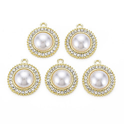 Light Gold Подвески из сплава , с хрустальными стразами и абс пластика имитация жемчуга, без кадмия и без свинца, плоские круглые прелести, золотой свет, 24x20.5x7.5 мм, отверстие : 2 мм
