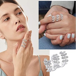 Платина 925 регулируемые открытые манжеты из стерлингового серебра с микропаве из кубических цирконий для женщин, лист, платина, внутренний диаметр: регулируемый