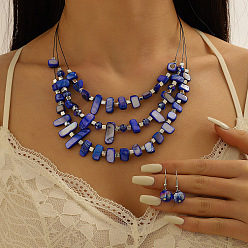 Полуночно-синий Комплекты из ретро-сплава, смолы, подвесных серег и многослойных ожерелий, богемный стиль, темно-синий, Серьги: 28x10 mm