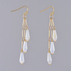 Кремово-белый Гальваническая непрозрачная сплошная капля, стеклянные бусины болтаются серьги, с цепочками из латунных звеньев и крючками для сережек, реальный 18 k позолоченный, кремово-белые, 72 мм, штифты : 0.7 мм