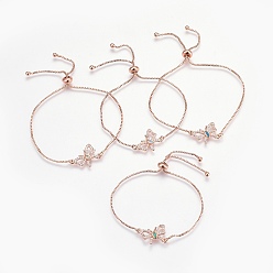 Mixed Color Adjustable Brass Micro Pave Cubic Zirconia Bolo Bracelets, Slider Bracelets, with Synthetic Opal, Butterfly, Rose Gold, Mixed Color, 8-5/8 inch(22cm)
