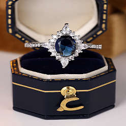 Dark Blue Brass Micro Pave Cubic Zirconia Finger Rings, Flower, Platinum, Dark Blue, US Size 7(17.3mm)