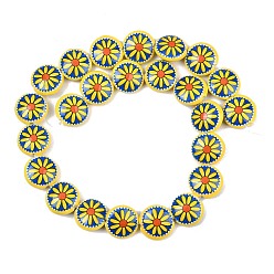 Gelb Gedruckt handgefertigten Porzellanperlen, flache Runde mit Sonnenblume, Gelb, 15x6 mm, Bohrung: 2 mm