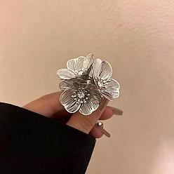 Platinum Zinc Alloy Rhinestone Cuff Open Rings for Women, Flower, Brass Rings, Platinum, 45x45mm, Adjustable