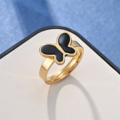 Черный Кольца из нержавеющей стали и эмали, бабочка, золотые, чёрные, размер США 9 (18.9 мм)