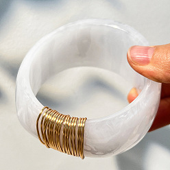 White Resin Wide Bangels with Alloy Wire Wrapped for Women, Golden, White, Inner Diameter: 2.56 inch(6.5cm)