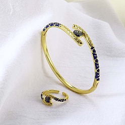 Темно-Синий Комплекты из плоских круглых латунных эмалевых браслетов и колец для женщин, золотые, темно-синий, 60 мм и 18 мм