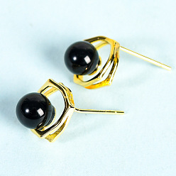 Black Agate Natural Black Agate(Dyed & Heated)  Studs Earrings, Jewelry for Women, Golden, 9.8mm