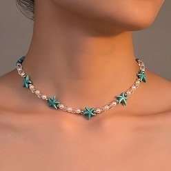 Темный Голубой Ожерелья из бисера в стиле бохо с изображением морской звезды из смолы, стекла и искусственного жемчуга для женщин, темные голубые, 14.57 дюйм (37 см)