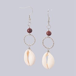 Дерево Серьги с подвесками в виде каури, с деревянных бусин, связывающий железо кольца, Латунные крючки для сережек, платина, 74~75 мм , штифт: 0.7 мм