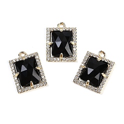 Обсидиан Подвески из натурального обсидиана с огранкой в форме прямоугольника, Латунь с микропокрытием, золотые, 15.5x11.5x4.5 мм, отверстие : 1.4 мм