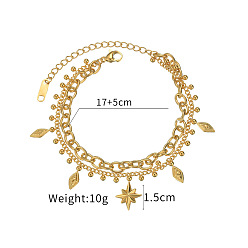 Rhombus 304 Stainless Steel Rhinestone Charm 2-Strand Bracelets for Women, Golden, Rhombus, 6.69 inch(17cm)