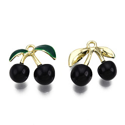 Черный Стойки обшивки сплава эмали подвески, без кадмия и без свинца, черри прелести, золотые, чёрные, 14.5x15x7 мм, отверстие : 1.4 мм