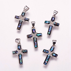 Платина Латунные микро проложить кубического циркония подвески, с раковиной пауа / раковиной морского ушка, крестик, платина, 21.5x14x2 мм, отверстие : 3.5x4.5 мм