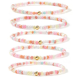 Разноцветный 5шт. богемные стеклянные жемчужные и латунные бусины, эластичные браслеты для женщин, круглые, красочный, 6.89 дюйм (17.5 см)