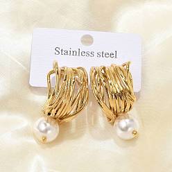Настоящее золото 18K 304 серьги-гвоздики из нержавеющей стали c-образной формы, с имитацией жемчуга, реальный 18 k позолоченный, 40x19.5 мм