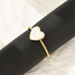 Белый 304 эмалированные манжеты из нержавеющей стали для женщин, сердце открытое кольца, золотые, белые, Сердце: 8.5x8.5 mm, внутренний диаметр: регулируемый