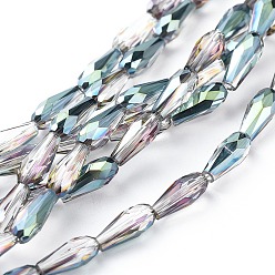 Зеленое Покрытие Стеклянные бусины с гальваническим покрытием , с половиным покрытием, граненые, слеза, зеленый покрытием, 10x4 мм, отверстие : 0.8 мм, около 67 шт / нитка, 27.9 дюйм ~ 28.15 дюйм (64~66 см)