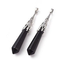 Обсидиан Натуральный обсидиан большие остроконечные подвески, с латунной найти, пуля, платина, 75~80x10~10.5 мм, отверстие : 5x7 мм