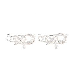Silver Brass Pave Clear Cubic Zirconia Pendants, Safety Pin with Bowknot Charms, Silver, 16.5x30x4mm, Hole: 1.3mm