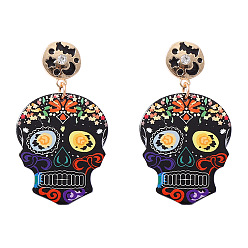 Colorful Halloween Printed Acrylic Skull Pendant Dangle Earrings for Women, Alloy Round Stud Earrings, Colorful, 55x30.5mm