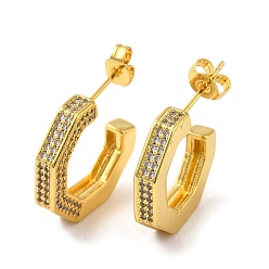 Real 16K Gold Plated Brass Micro Pave Clear Cubic Zirconia Stud Earrings for Women, Letter C, Real 16K Gold Plated, 18.5x3.5mm