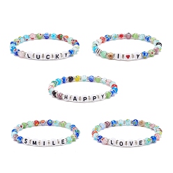 Смешанные Узоры Слово браслет, Красочный эластичный браслет миллефиори из стекла и акриловых бусин для женщин, смешанные узоры, внутренний диаметр: 2-1/8 дюйм (5.5 см)