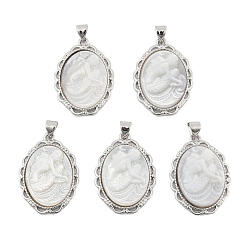Платина Подвески в виде русалки из натуральной белой ракушки, латунные овальные подвески, платина, 27x19.5x2.5~3.5 мм, отверстие : 4x3.5 мм