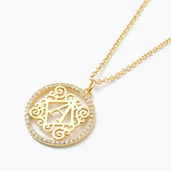 Letter A Brass Micro Pave Clear Cubic Zirconia Pendant Necklaces, Flat Round with Letter, Real 18K Gold Plated, Letter.A, 16.14~17.20 inch(41~43.7cm)