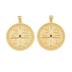 Magenta Brass Micro Pave Cubic Zirconia Pendants, Flat Round with Rune Symbol Charms, Cadmium Free & Lead Free, Rack Plating, Long-Lasting Plated, Real 18K Gold Plated, Magenta, 27.5x25x3mm, Hole: 3x5mm