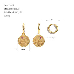 Golden 304 Stainless Steel Pave Cubic Zirconia Hoop Dangle Earrings, Flat Round with Building Pattern, Golden, 29x15mm