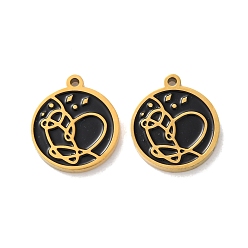 Черный Ионное покрытие (ip) 304 брелоки из нержавеющей стали с эмалью, реальный 18 k позолоченный, плоский круглый с подвеской в виде сердца, чёрные, 13.5x12x1.5 мм, отверстие : 1 мм