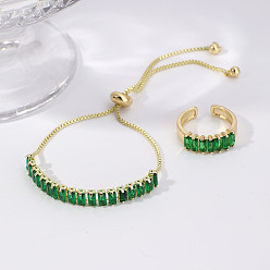 Зеленый Шикарные прямоугольные браслеты-слайдеры из латуни со стразами и комплекты колец-манжет для повседневной носки, зелёные