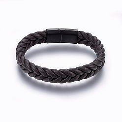 Coconut Marrón Pulseras de cuero trenzado del cordón, 304 cierre magnético de acero inoxidable, Rectángulo, gunmetal, coco marrón, 8-5/8 pulgada (22 cm), 13x6 mm