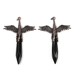 Обсидиан Крупные подвески из натурального обсидиана с гранями, заостренной формой и пулевидной огранкой., подвески в виде ангельских крыльев из сплава, Красная медь, 73~74x52~52.5x11 мм, отверстие : 4 мм