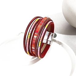 Малиновый Браслеты из многорядного шнура из искусственной кожи в стиле бохо, из нержавеющей стали магнитные застежки, малиновый, 7-5/8 дюйм (19.5 см)