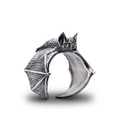 Antique Silver Halloween Brass Open Cuff Rings, Bat, Antique Silver, US Size 7(17.3mm)