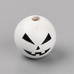 White Natural Wood Beads, Round with Expression, Halloween Theme, White, 1.6x1.5cm, Hole: 3.5mm