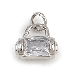 Платина Латунные микропаве прозрачные кубические циркониевые подвески, сумка очарование, с целью перехода в кольце, стойки покрытие, долговечный, без свинца и без кадмия, платина, 9.5x11x5 мм, отверстие : 3 мм