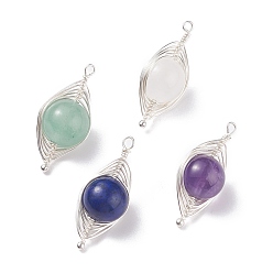 Серебро Подвески из натурального камня с медной проволокой, с латунной фурнитурой , лошадиный глаз , серебряные, 26~27x11~12x10 мм, отверстие : 1.5 мм