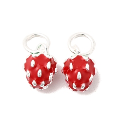 Серебро 925 Подвески из стерлингового серебра с эмалью в виде красной клубники, серебряные, 8.5x6x6.5 мм, Перейти кольцо: 5x0.8 мм, внутренний диаметр: 3.6 мм