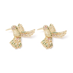 Настоящее золото 18K Латунные микро-паве красочные кубические циркониевые подвески, долговечный, без кадмия и без свинца, колибри, реальный 18 k позолоченный, 33x37x10 мм, отверстие : 3 мм