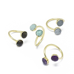 Золотой Регулируемые кольца перста природных драгоценных камней, с латунной фурнитурой , плоско-круглые, золотые, золотые, размер 7 ~ размер 8, 17~19 мм