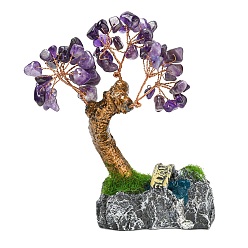 Аметист Натуральные аметистовые крошки, украшения денежного дерева, Смола на основе медной проволоки фэн-шуй энергетический камень подарок для украшения домашнего рабочего стола, 86x41x105 мм