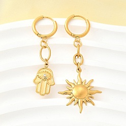 Настоящее золото 18K Солнце и пальма 304 серьги-кольца из нержавеющей стали с микропаве из прозрачных кубических цирконий, с эмалью, слева и справа, реальный 18 k позолоченный, 46x12 мм